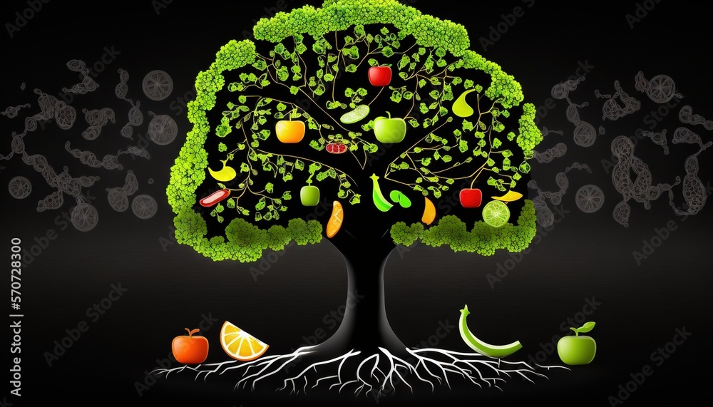  a tree with many fruits and vegetables growing on its branches and roots, with a black background 