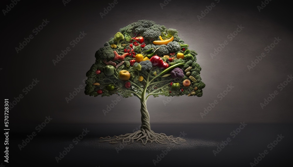  a tree with a lot of fruits and vegetables growing on its roots in the shape of a human head on a 