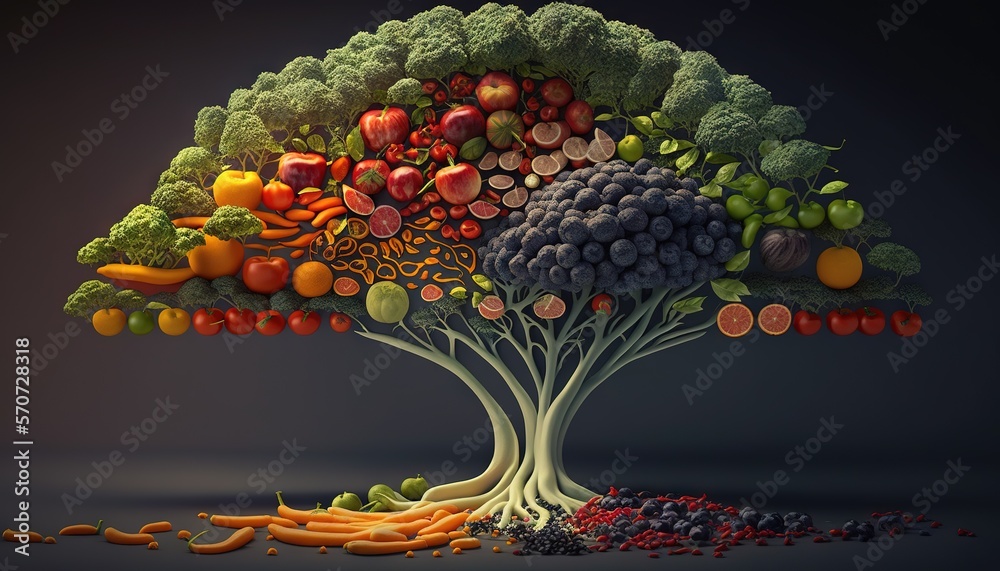  a tree with many different fruits and vegetables growing out of its roots and roots, all of which 