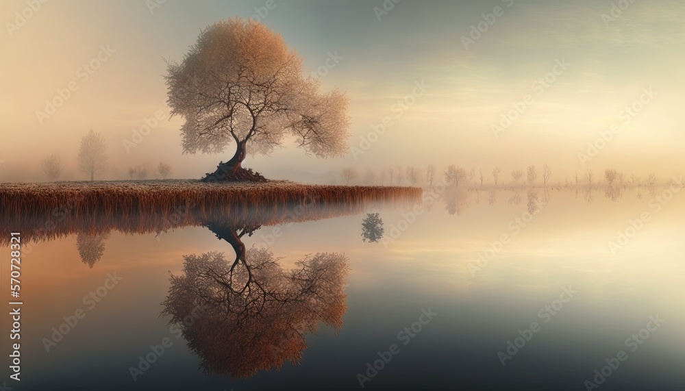  a lone tree is reflected in the still water of a lake on a foggy day with a few trees in the foregr