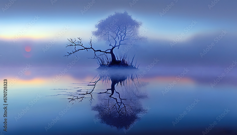  a lone tree in the middle of a body of water with a foggy sky behind it and the sun shining through