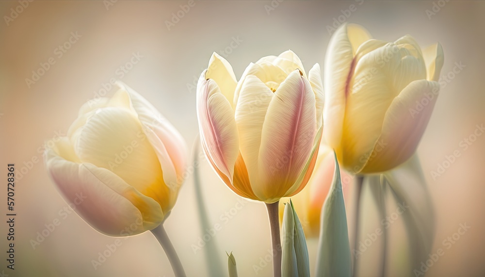  a group of yellow and pink tulips in a vase on a table with a blurry back ground and a light colore