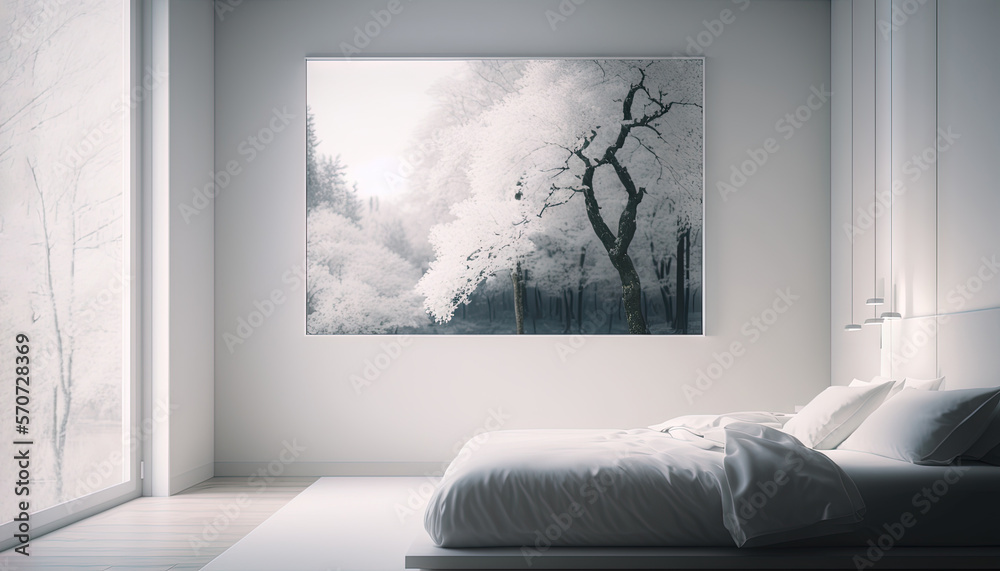  a bedroom with a large picture hanging on the wall next to a bed with white sheets and a white head