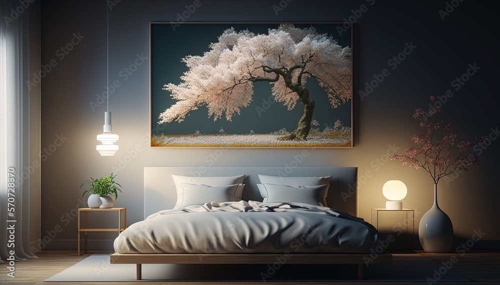  a bedroom with a bed and a large painting on the wall above the bed and a table with a vase with a 