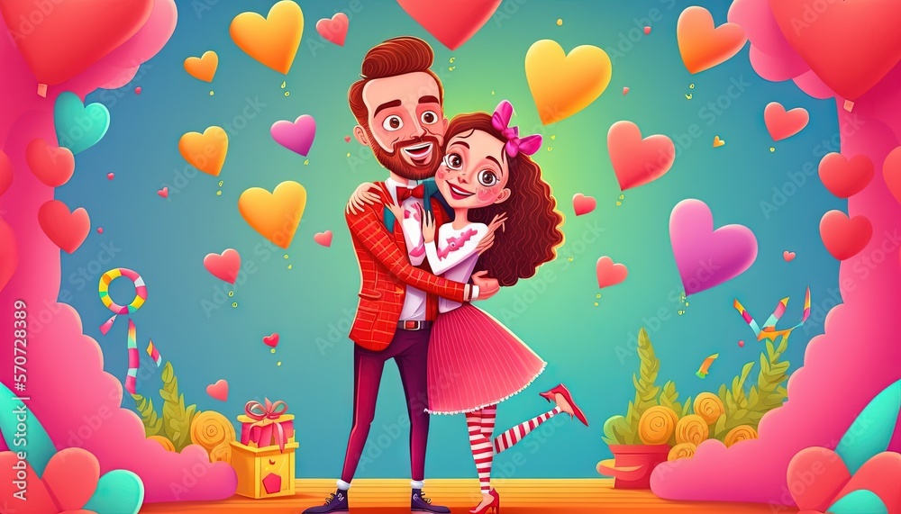  a man and a woman are hugging in front of a backdrop of heart - shaped balloons and candy canes, wi