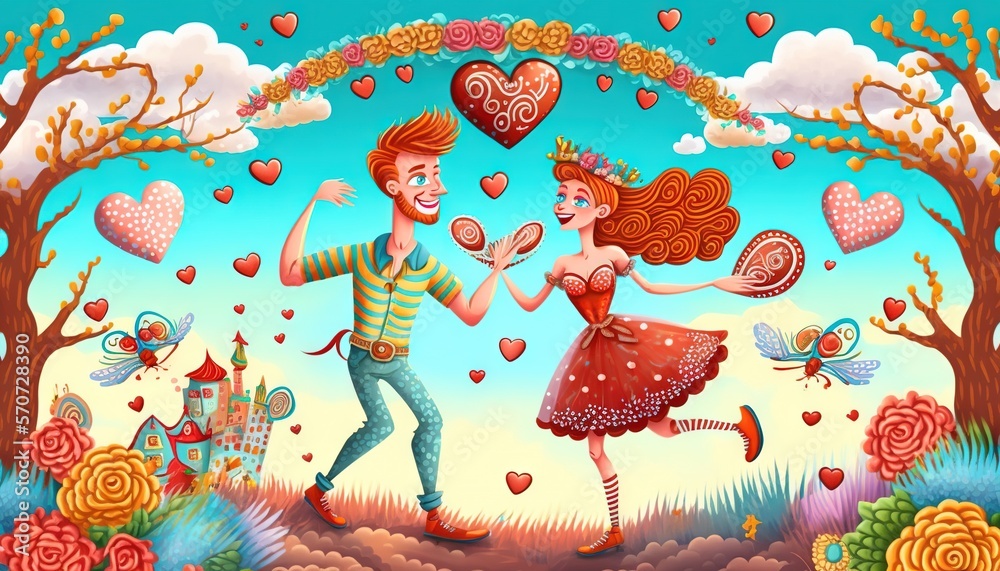  a painting of a man and a woman holding lollipops in front of a heart - shaped archway with trees a