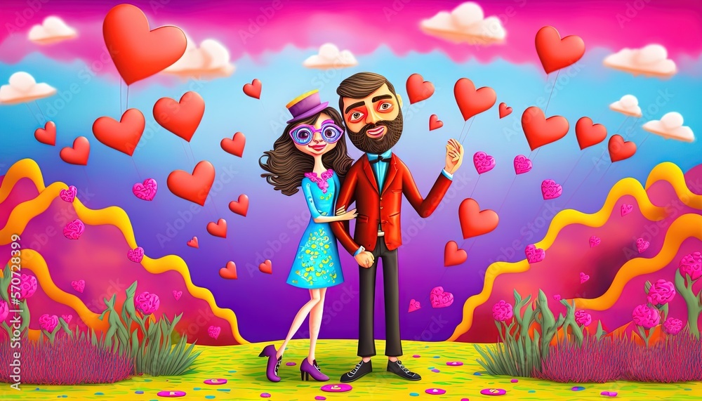  a man and a woman are standing in front of a backdrop of hearts and flowers with a heart - shaped b