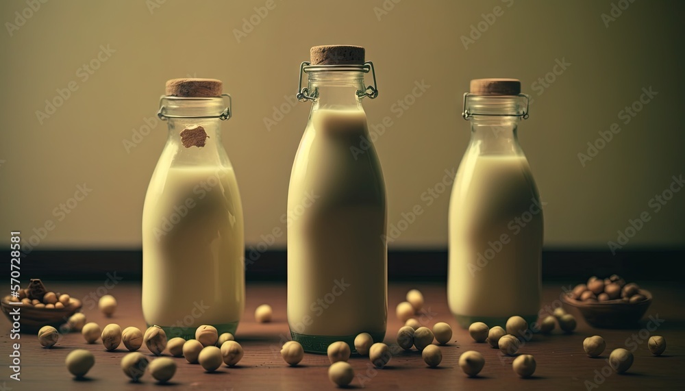  three bottles of milk and a bowl of nuts on a table with a wall in the background and a bowl of nut