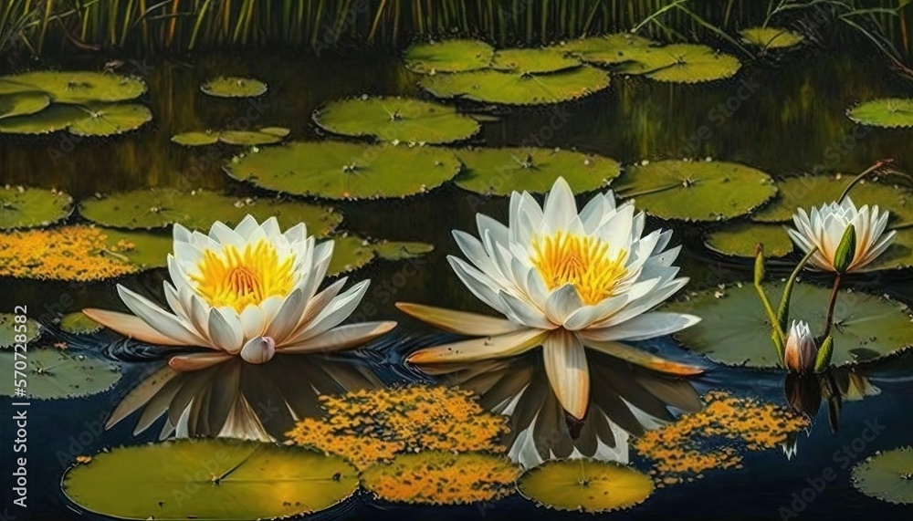  a painting of water lilies in a pond with lily pads and reeds in the water, with yellow flowers on 