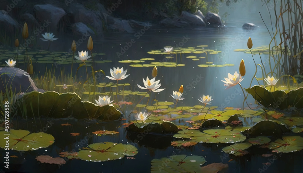  a painting of water lilies and lily pads in a pond with rocks and water lilies in the foreground an