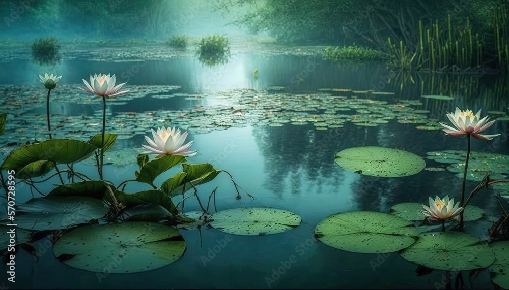  a painting of water lilies in a pond with lily pads in the foreground and a sunbeam in the backgrou