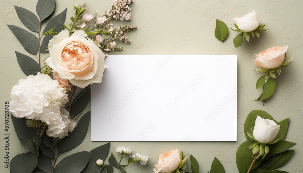  a blank card surrounded by flowers and greenery on a green background with a place for a message or