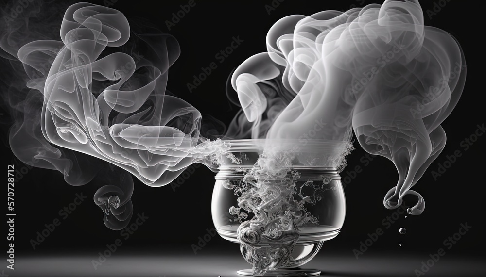  a glass filled with smoke on top of a black background with white smoke coming out of the top of th