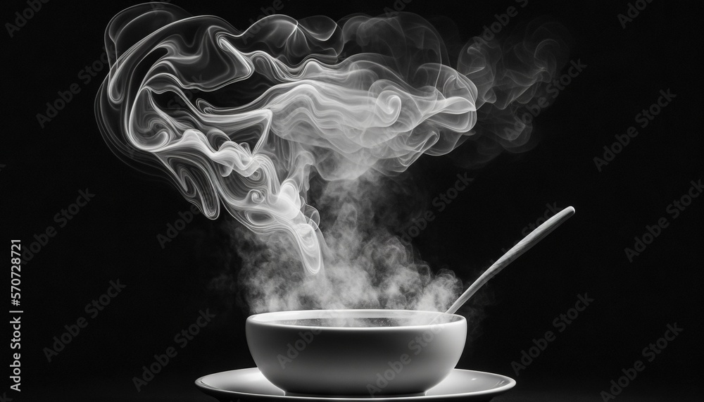  a steaming bowl of soup with a spoon on a saucer on a black background with smoke coming out of the