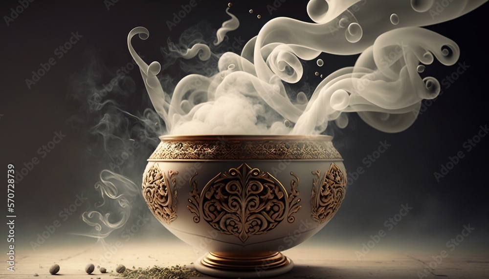  a bowl with smoke coming out of it on top of a wooden table next to a black background with white s