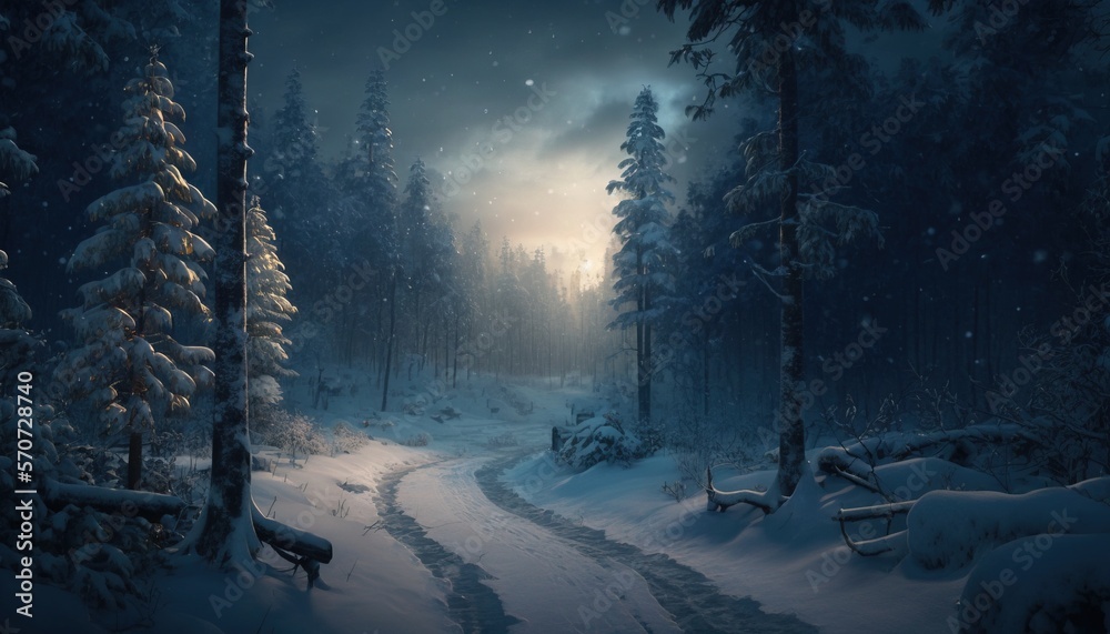  a snowy path in a forest with a full moon in the sky and trees in the foreground, with snow on the 