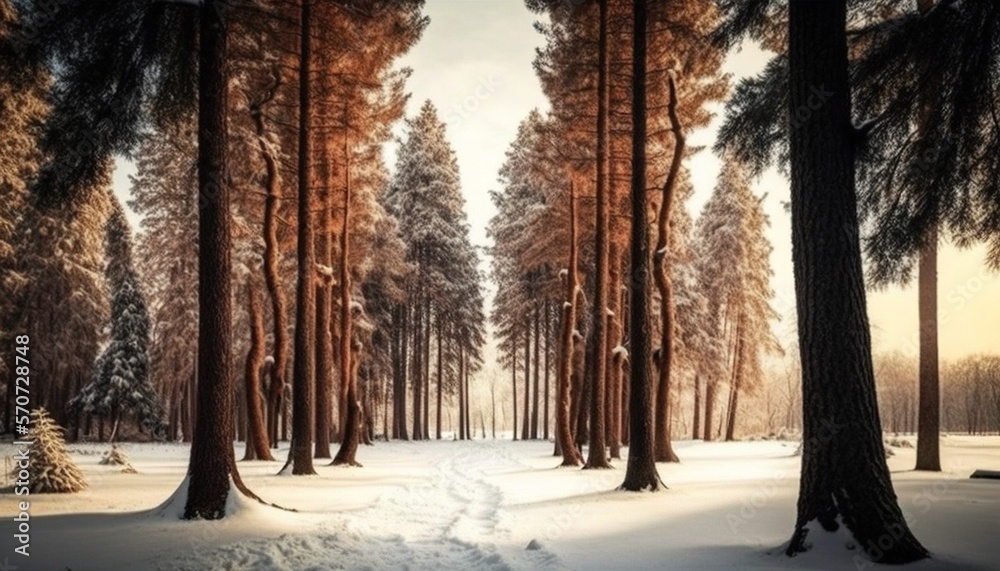  a path through a snowy forest with trees on either side of it and a bench in the middle of the wood