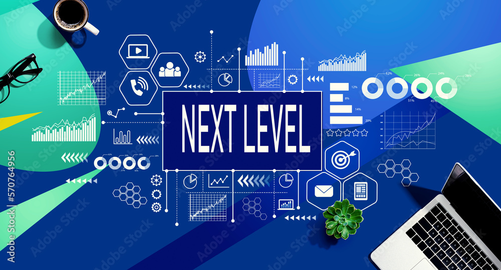 Next level concept with a laptop computer on a blue and green pattern background