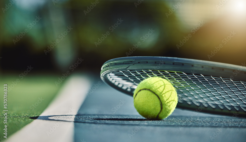 Tennis ball, racket and court ground with mockup space, blurred background or outdoor sunshine. Summ