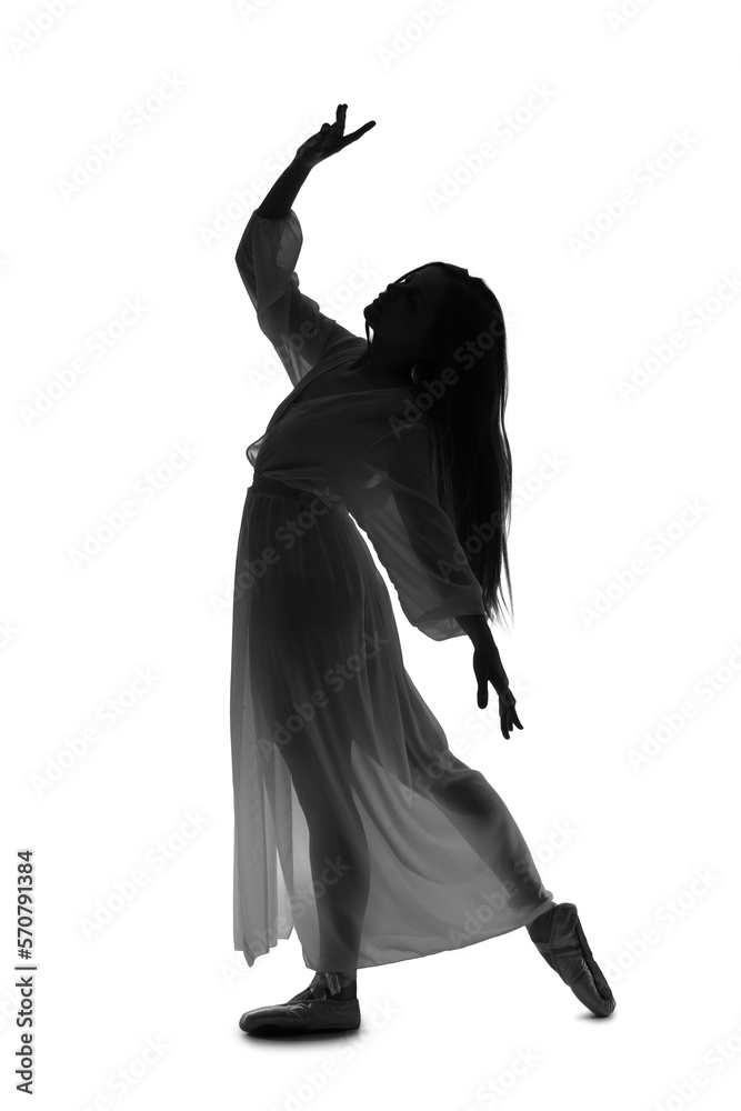 Silhouette of female ballerina dancing on white background