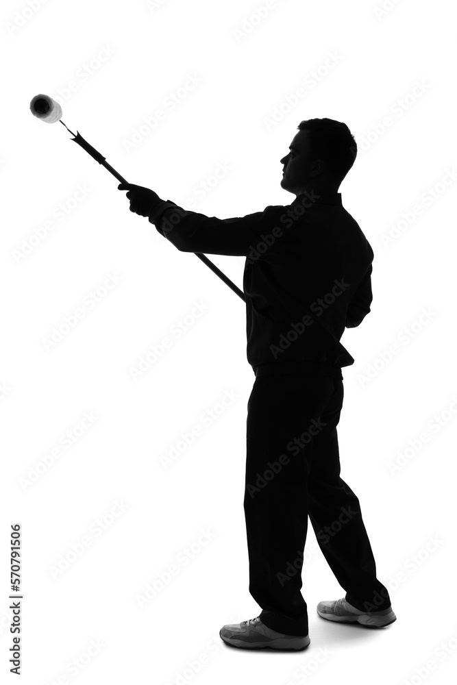 Silhouette of young decorator with paint roller on white background