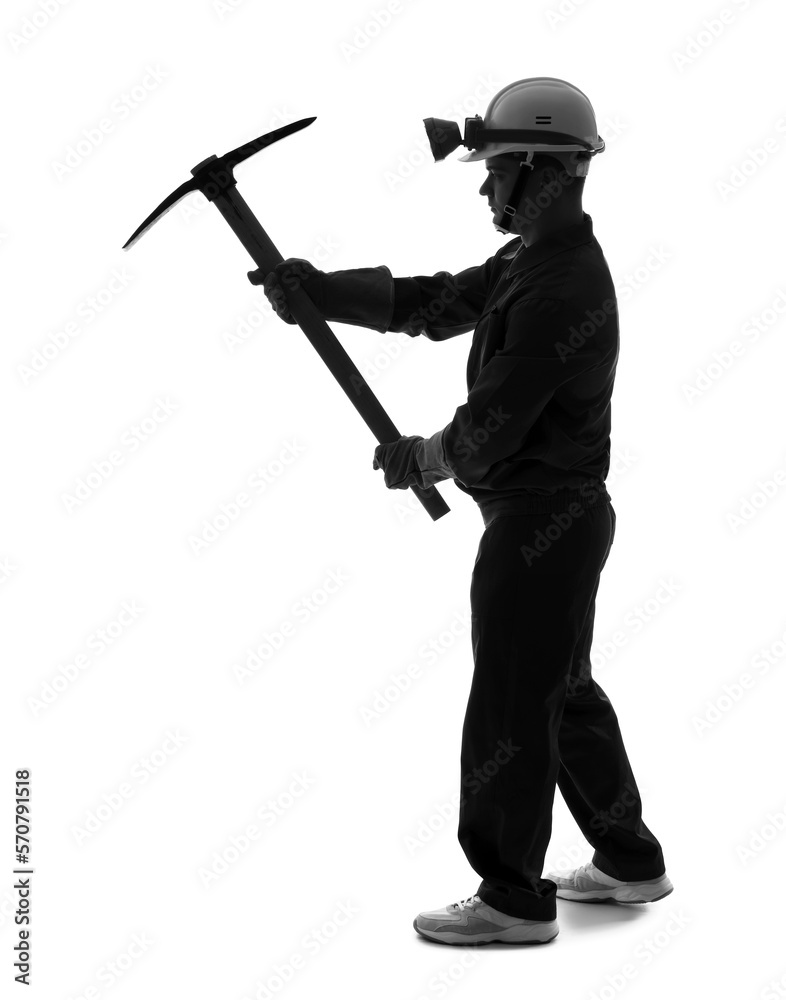 Silhouette of male miner with pick on white background