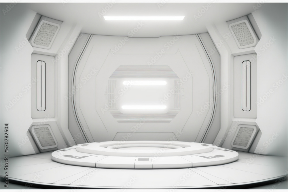 Futuristic stage in a spaceship showroom floor with copy space for product display mock up . White c