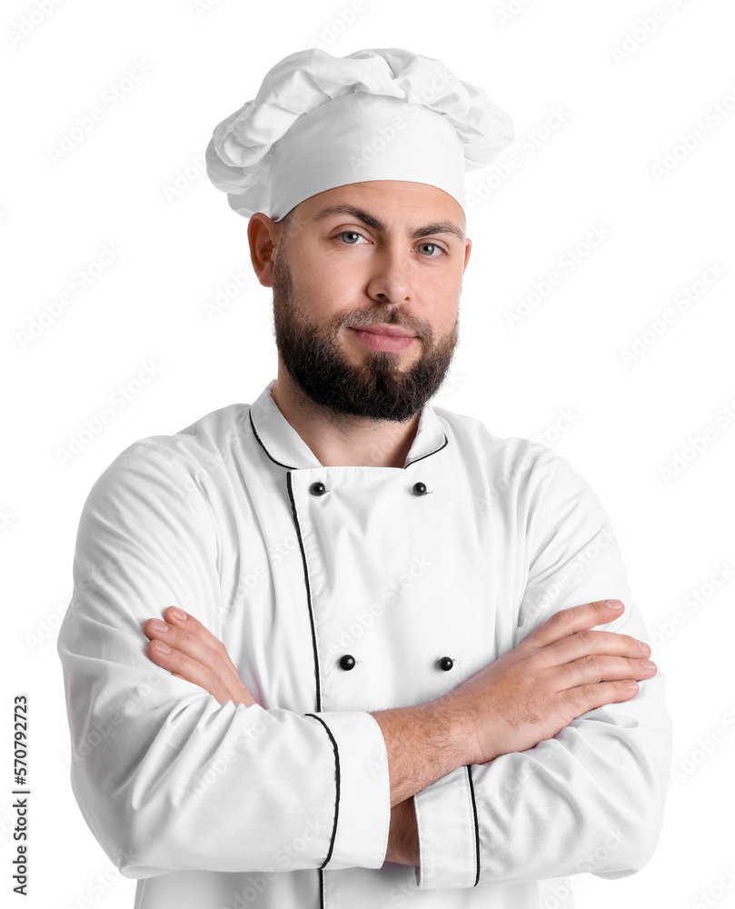 Male baker in uniform on white background