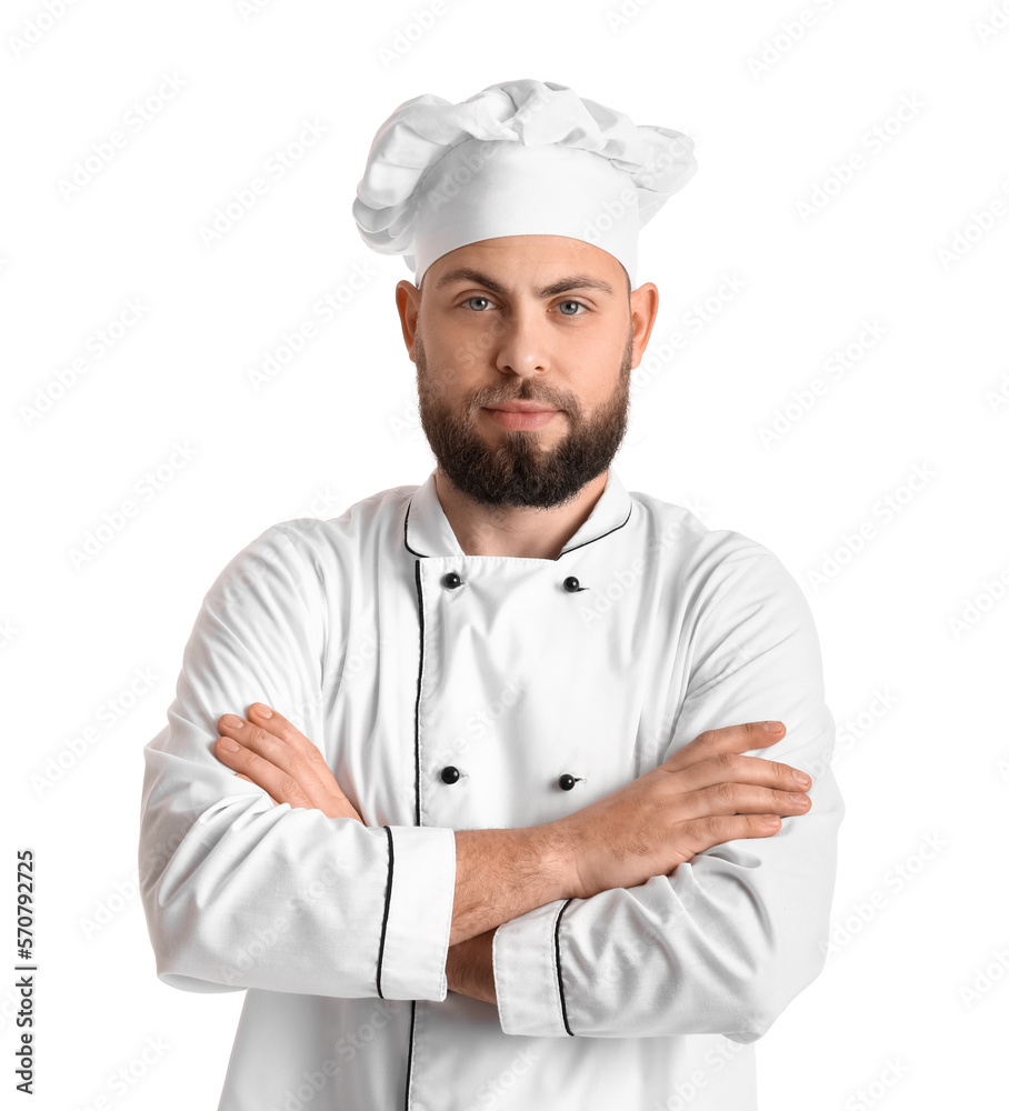 Male baker in uniform on white background