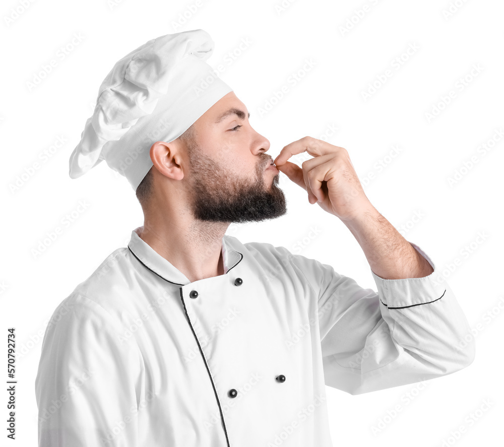 Male baker in uniform on white background