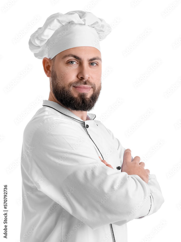 Male baker in uniform on white background