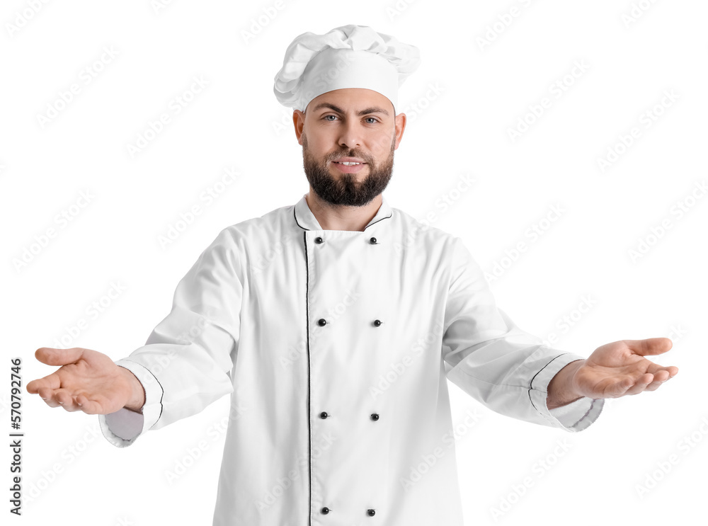 Male baker in uniform on white background