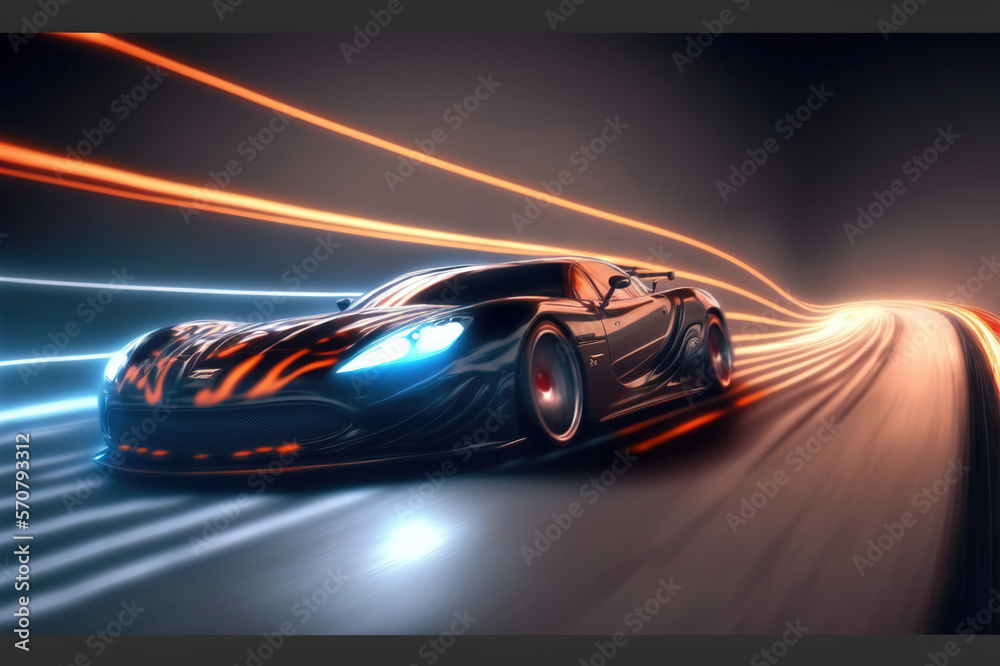 Speeding fast sports car drives on highway road with motion blur effects creating light trailing env