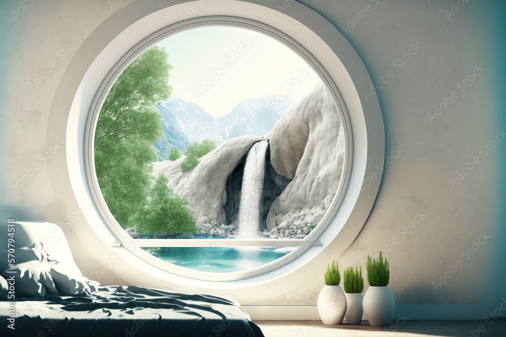 A room with round glass window overlooking beautiful landscape background . Hotel futuristic showroo