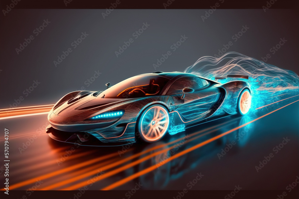 Speeding fast sports car drives on highway road with motion blur effects creating light trailing env