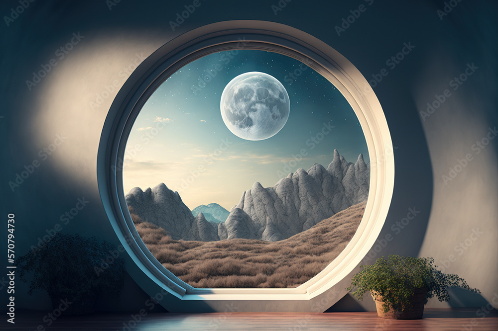 A room with round glass window overlooking beautiful landscape background . Hotel futuristic showroo