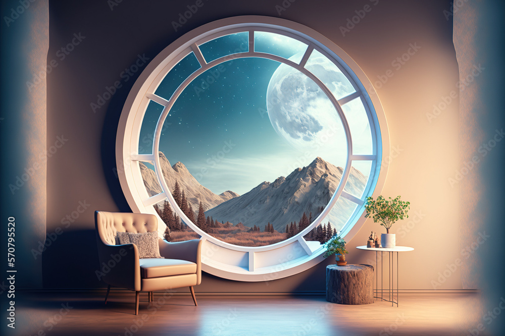 A room with round glass window overlooking beautiful landscape background . Hotel futuristic showroo