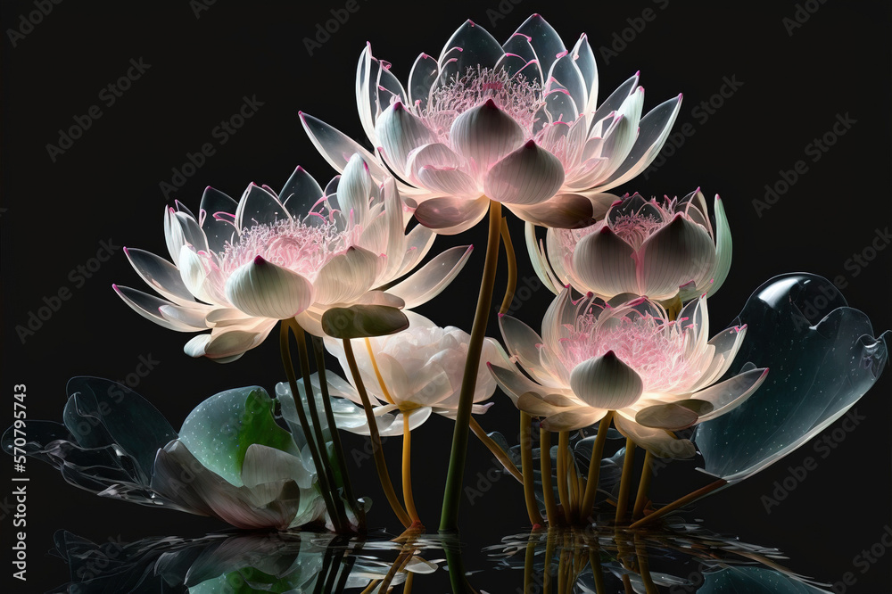 Dreamlike image of light glowing lotus flower or water lily with transparent pink illumination under