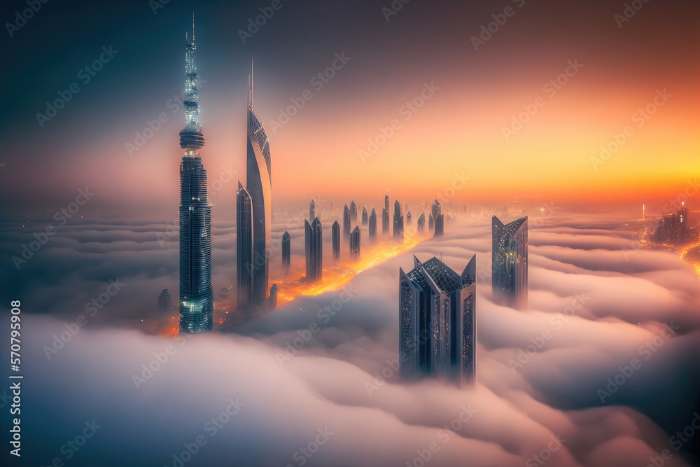 Top of skyscrapers building high above the clouds in the morning sunrise . Futuristic architecture o