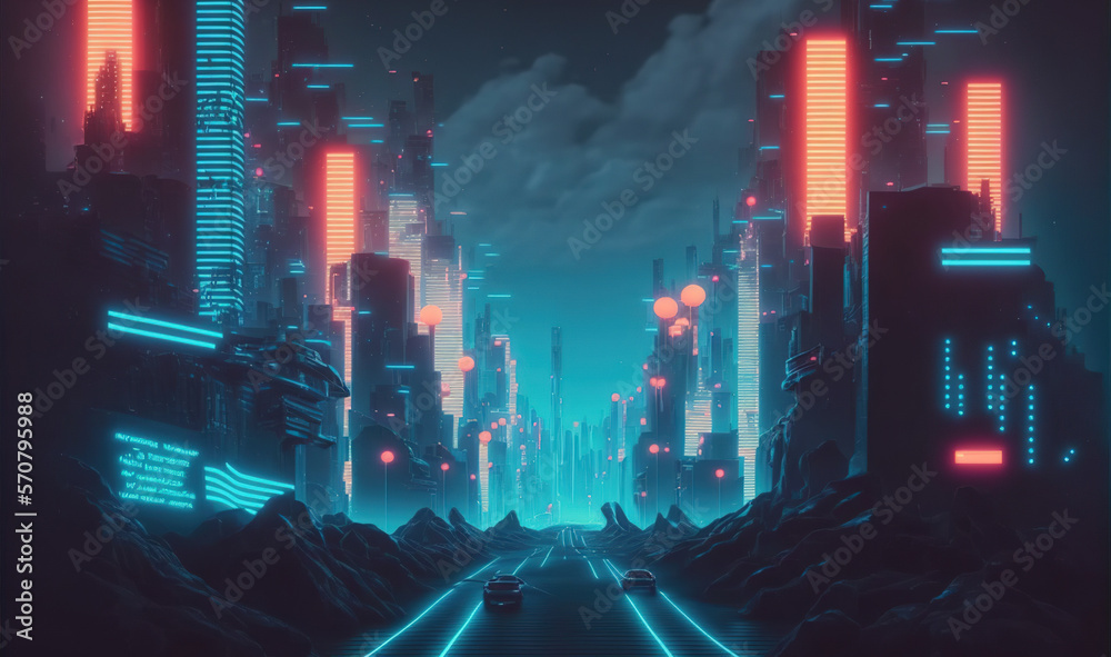 Futuristic city scene with neon light illuminated the dark fictional city street . Sublime Generativ