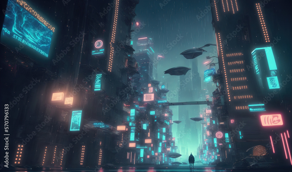 Futuristic city scene with neon light illuminated the dark fictional city street . Sublime Generativ