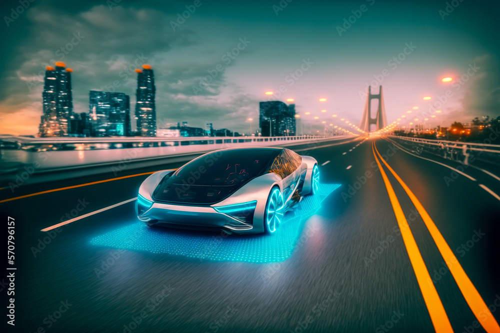 Fast electric car with luxury futuristic autonomous sensor software driving on road in downtown city