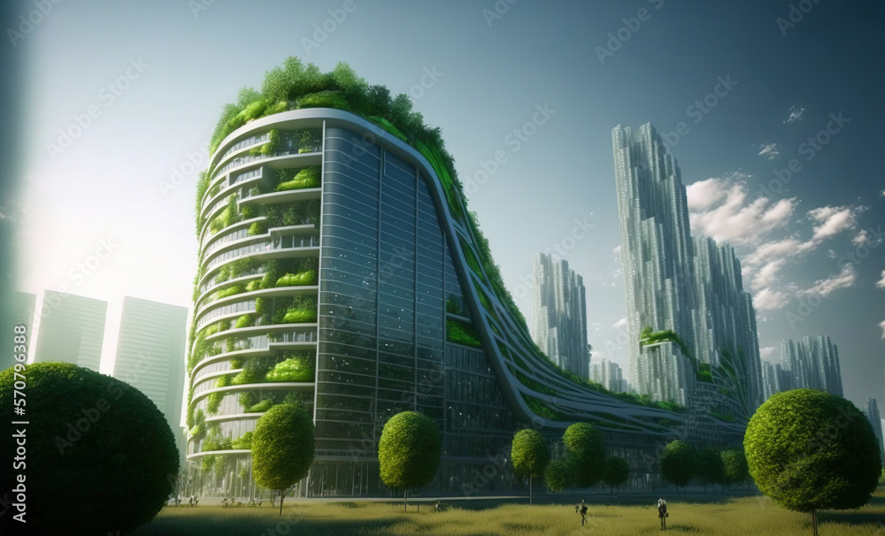 Sustainable green city with futuristic office building and architecture . Sublime Generative AI imag