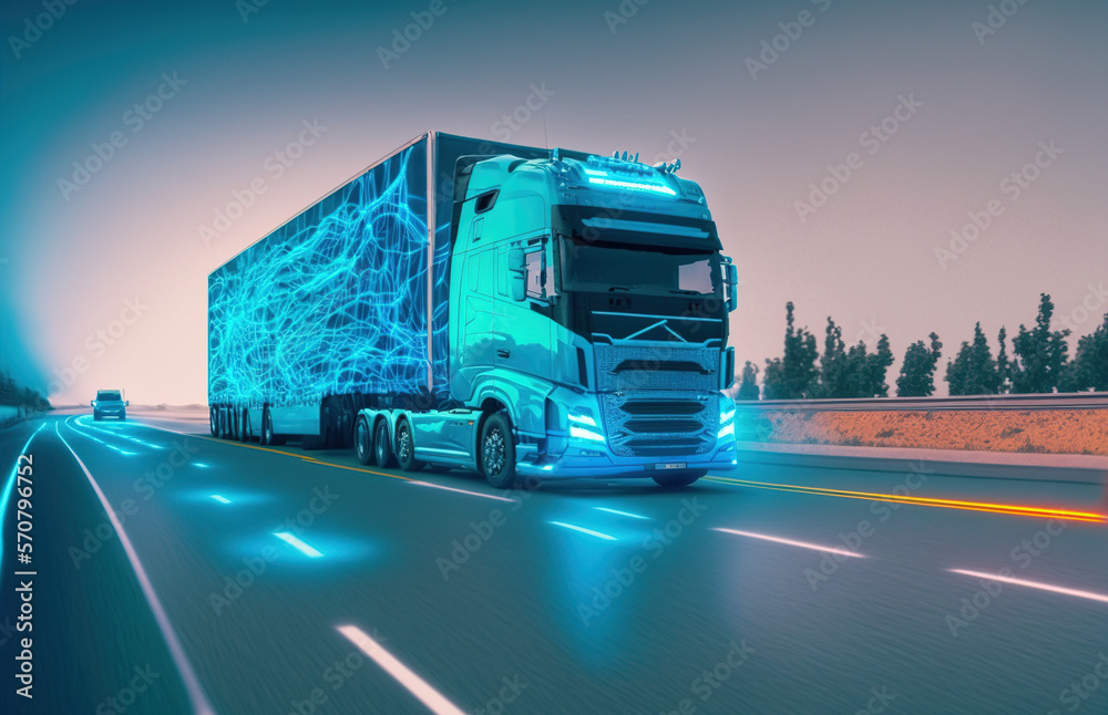 Self driving futuristic freight truck deliver goods to warehouse on city highway road with advanced 