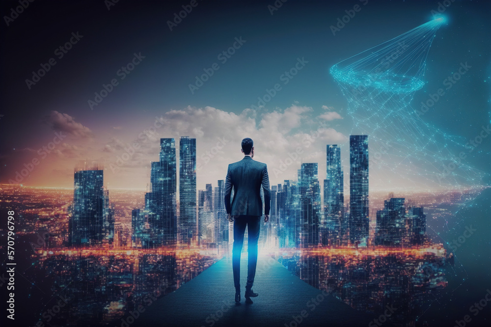 Businessman walking on virtual reality platform to futuristic smart city of opportunity with interne