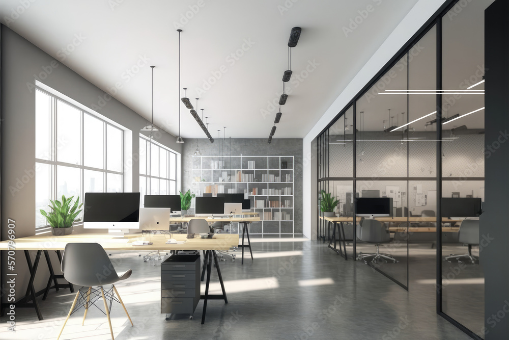 Modern office interior design . Contemporary workspace for creative business. Peculiar AI generative