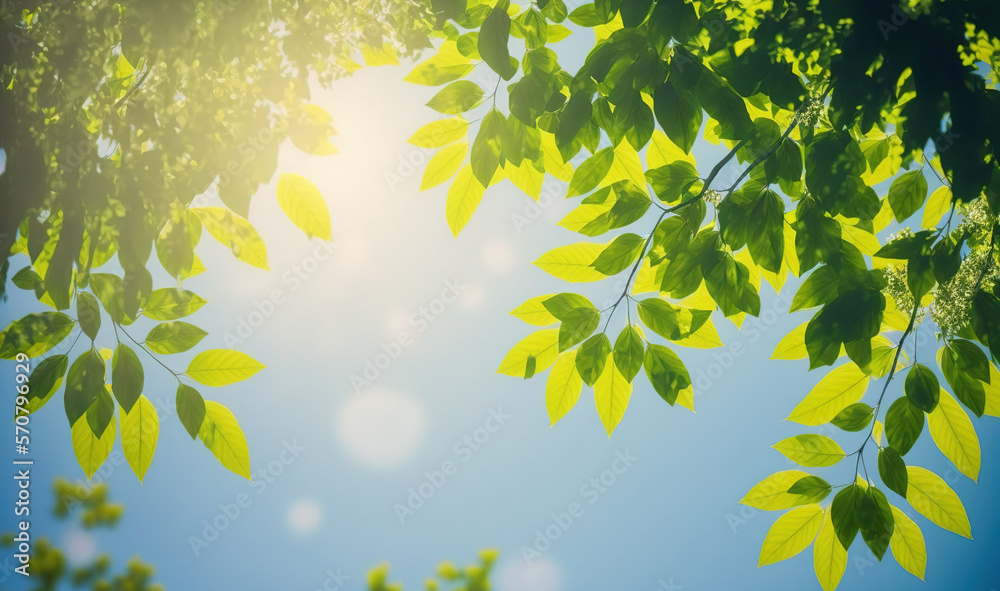 Green leaves under blue sky background in spring and summer garden . Sublime Generative AI image .