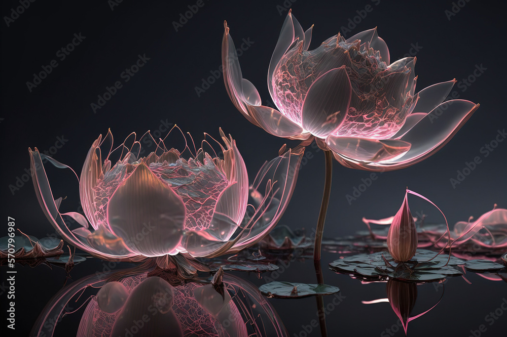 Dreamlike image of light glowing lotus flower or water lily with transparent pink illumination under