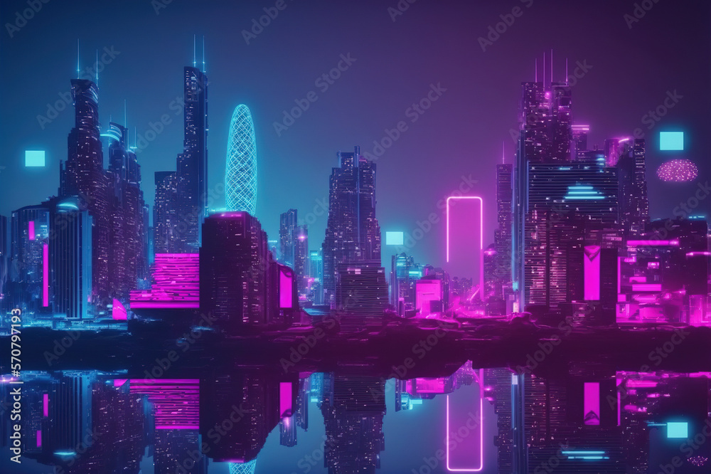 Futuristic city with neon light pink and blue illuminated skyline . Sublime Generative AI image .