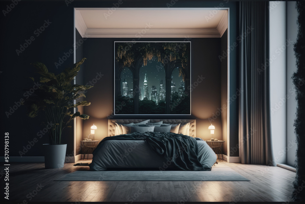 Interior of luxury penthouse bedroom at night. Peculiar AI generative image.